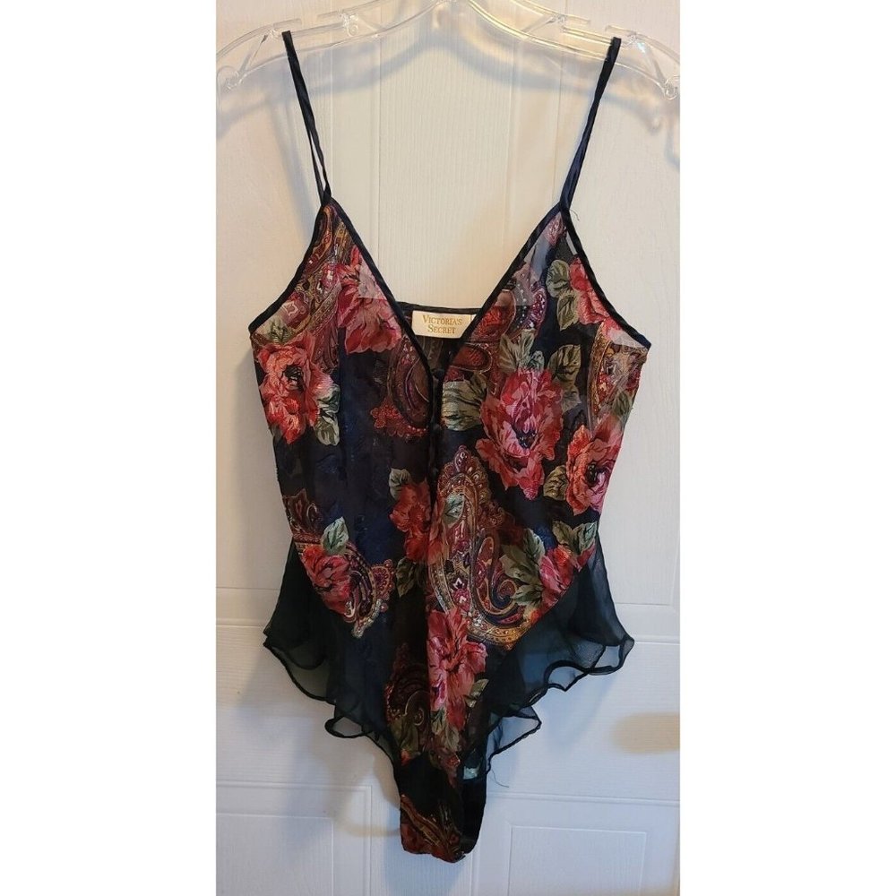 Vtg Victorias Secret Gold Label Floral Teddy Lingerie Bodysuit Ruffle Sheer Sz S